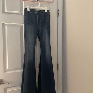 Free People Just Float On Super Wide Flare Blue Jeans High Rise Stretch.